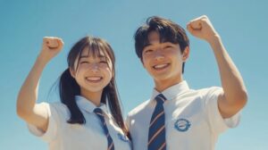 こぶしを上げる中学生